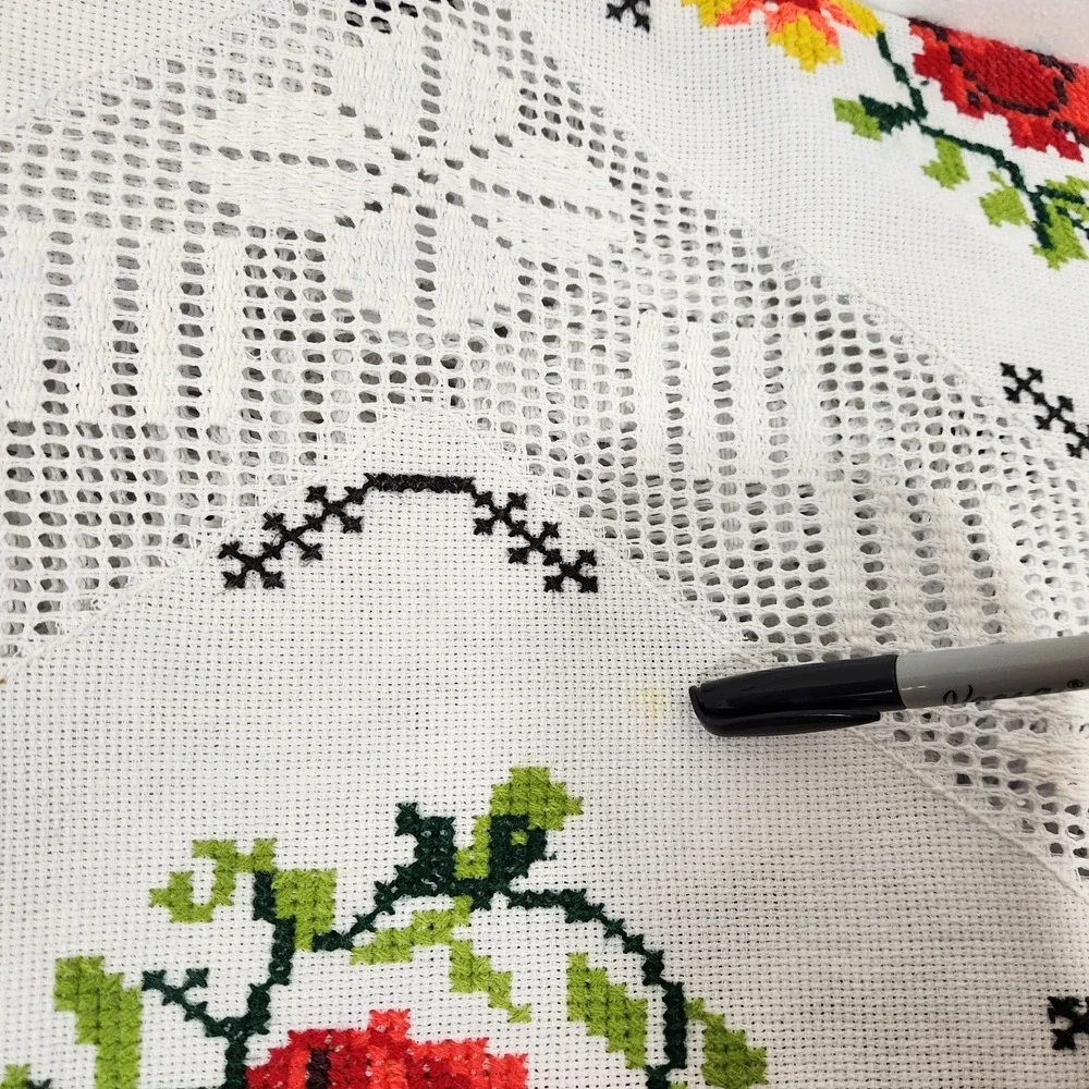Vintage Embroidered Floral Tablecloth Cross Stitch Openwork Lace Cottagecore